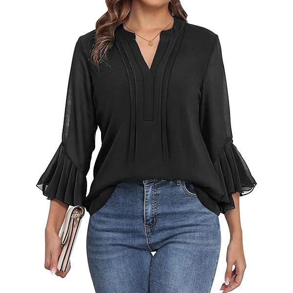 DB MOON Women's Chiffon Blouse 2025 - 3/4 Bell Sleeve Tie Neck Dressy Top