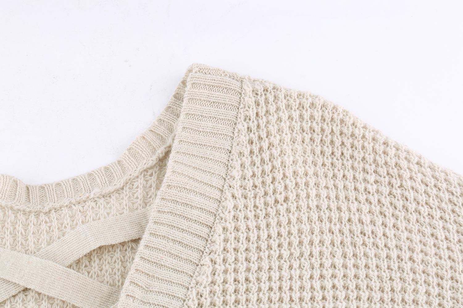 Womens Sweaters Criss Cross Backless Long Sleeve Crew Neck Casual Knit Pullover Sweater