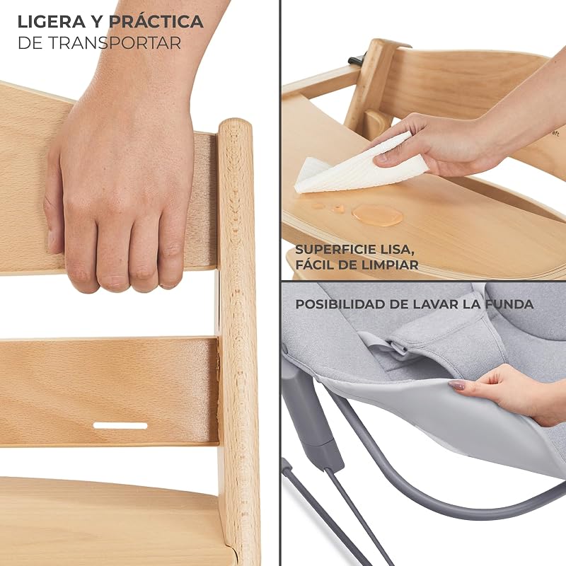 ENOCK Trona bebé de Madera + Hamaca Bebé CALMEE, portatil, para niños, Silla alta Infantil, Evolutiva, Ergonómica, Barrera y Bandeja, Gris