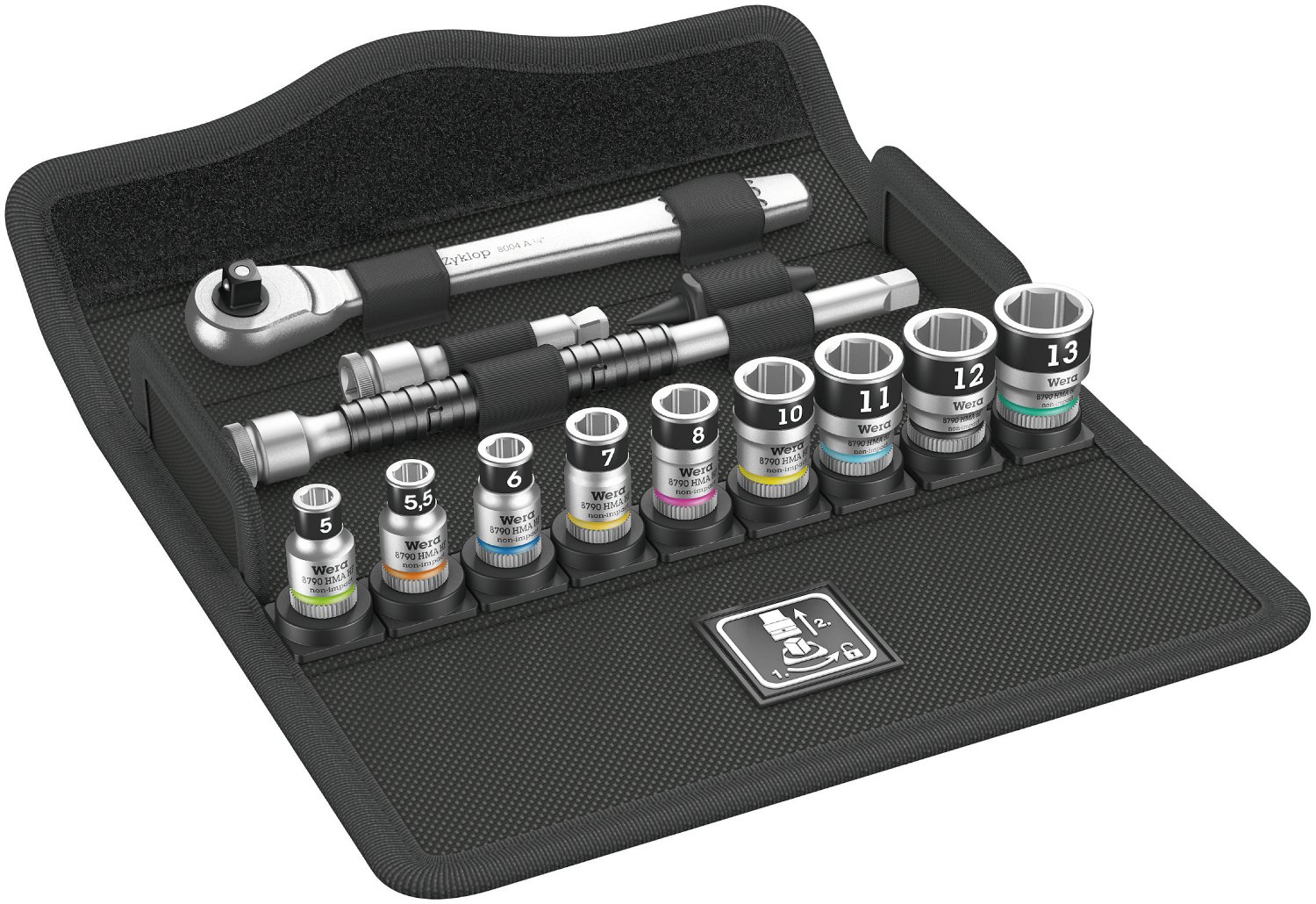 Wera SA 12 Holding Function Socket Set with Zyklop Metal Switch, 1/4" Drive, 13pc, 05003756001 , Black