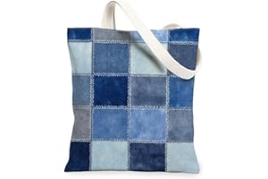 Blue Patchwork Canvas Tote Bags, Lightweight Reusable Grocery Bags, Vintage Denim Pattern Washable Shoulder Strap Tote for