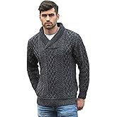 Aran Crafts Men's Soft Irish Cable Knit Shawl Collar Sweater (100% Merino Wool)