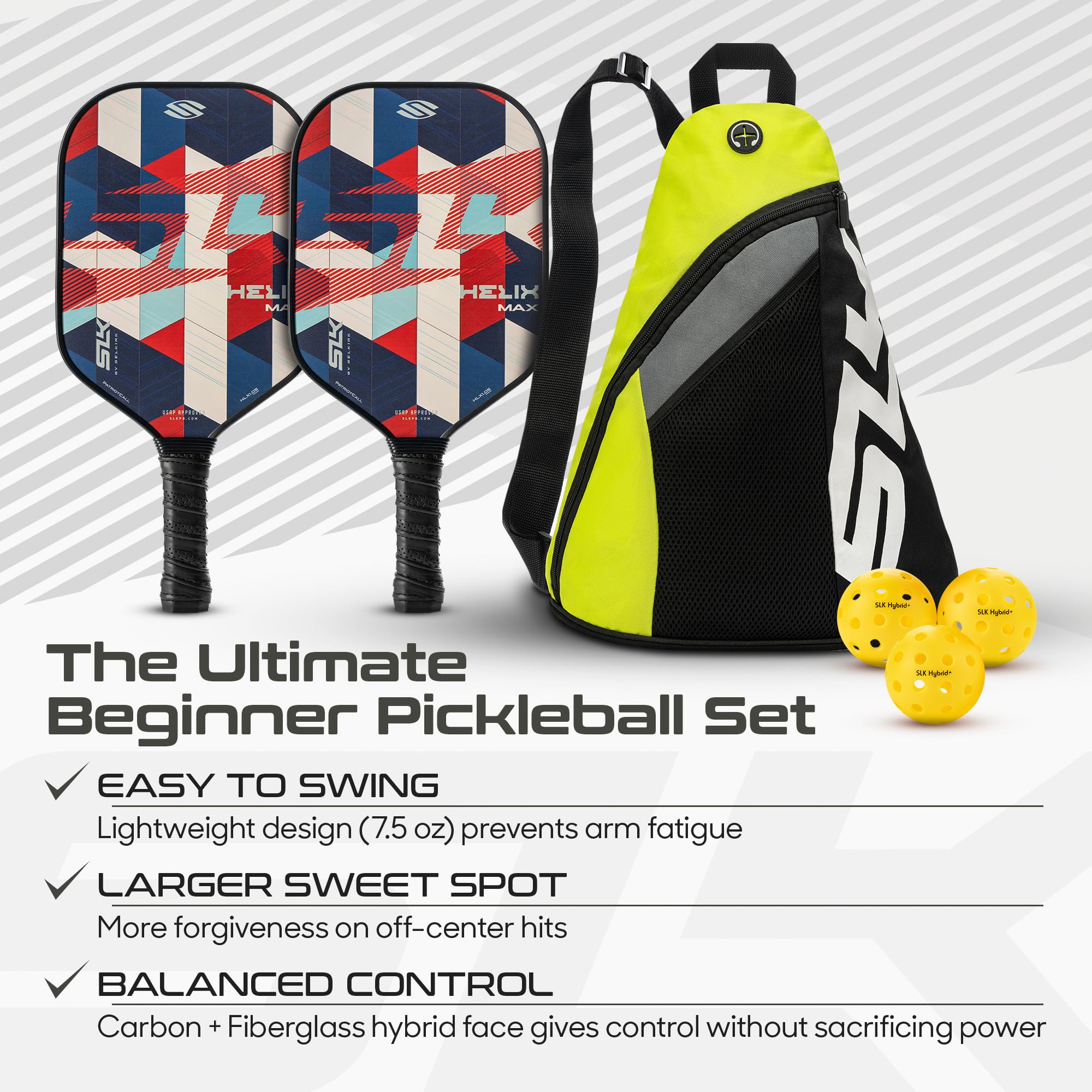 Selkirk Sport SLK Helix Pro Pickleball Paddle | Thermoformed Carbon Fiber Core Pickleball Paddles with Carbon Fiber & Fiberglass Hybrid Face | Unmatched Control | Patriot Bundle