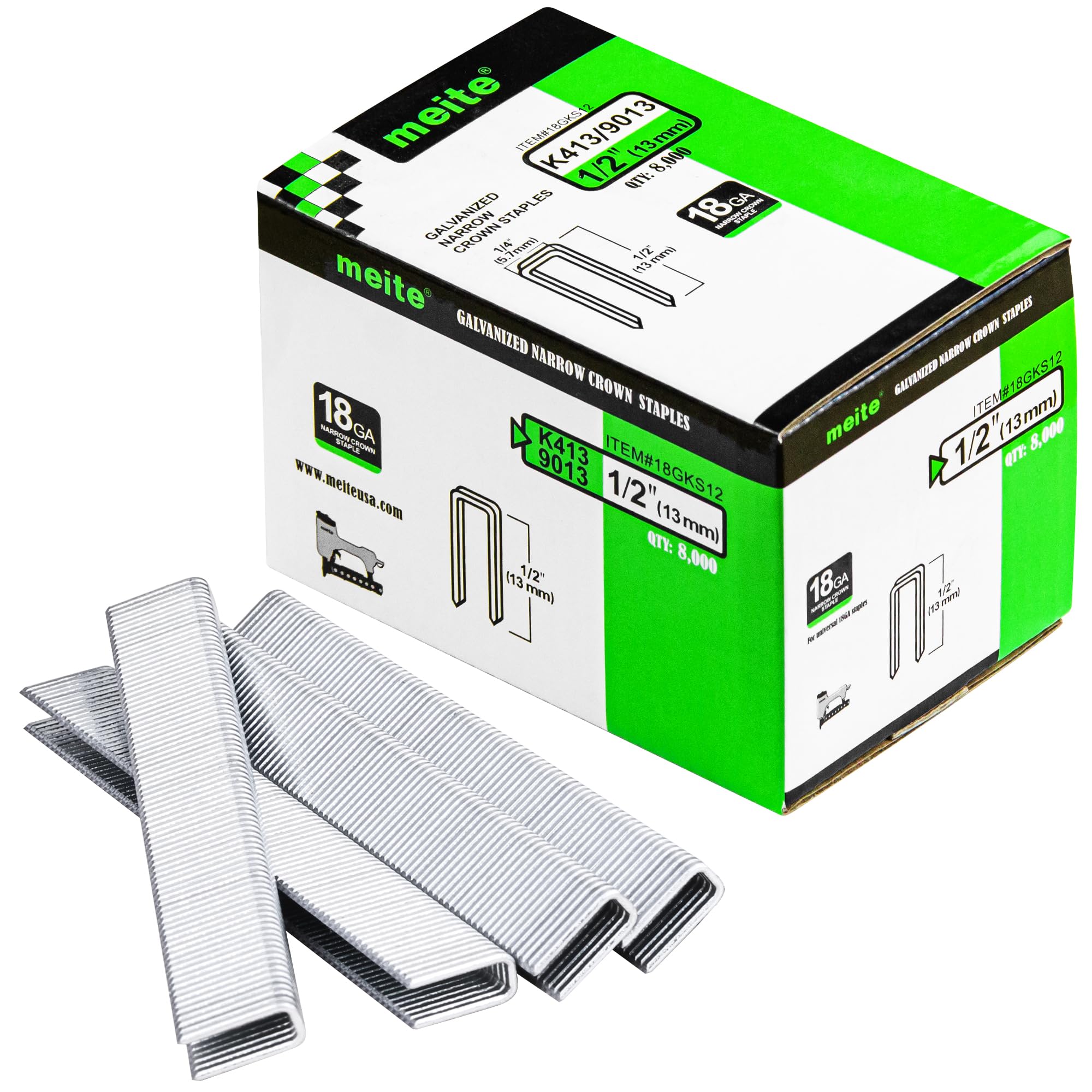 meite 9013 Type 90/13 mm Narrow Crown Staples for Staple Gun, 18 Gauge Galvanised Upholstery Staples for Furniture, Wood Box, Crafts DIY (8,000 Counts)