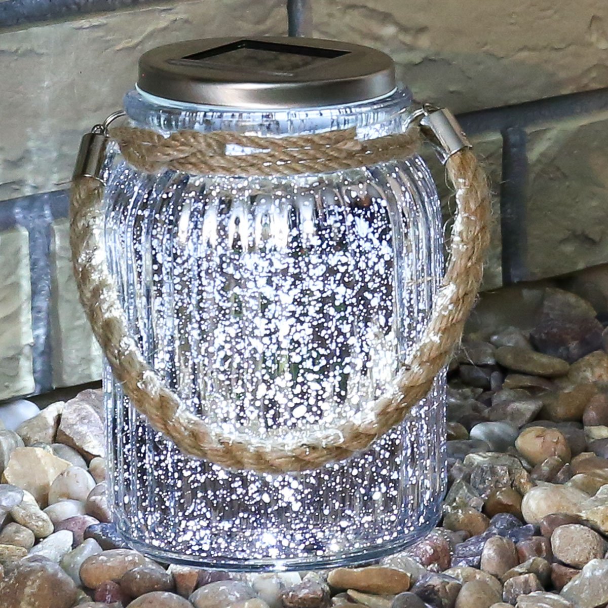 Mercury Lantern Real Glass Silver Finish Solar Powered White