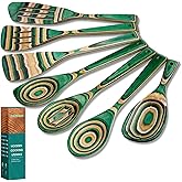 HOWHONG Wooden Spoons for Cooking, Pakkawood Kitchen Utensil Set Oasis Color, Premium Durable Wooden Utensils for Nonstick Cookware, Heat Resistant, Smooth Finish, Comfortable Grip, 7 Piece