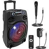Pyle Portable Bluetooth PA Speaker System - 800W 12” Outdoor Bluetooth Speaker Portable PA System - Party Lights, USB SD Card Reader, FM Radio, Rolling Wheels - Wired microphone, Remote - PPHP127B