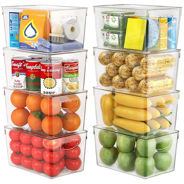 THEAOO CLEAR STORAGE BINS WITH LIDS STACKABLE – LARGE PLASTIC CONTAINERS FOR PANTRY ORGANIZATION AND STORAGE – PERFECT FOR KITCHEN,FRIDGE,LAUNDRY ROOM,BATHROOM,GARAGE,CLOSET,CABINET ORGANIZER – 8 PACK
