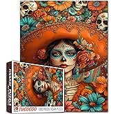 Beautiful Woman Sugar Skull Makeup 1000 Pieces Jigsaw Puzzle for Adults Students Colorful Flowers Skulls Background 20×27 Inches Day of The Dead Inspired Fun Relaxing Home Decor Gift