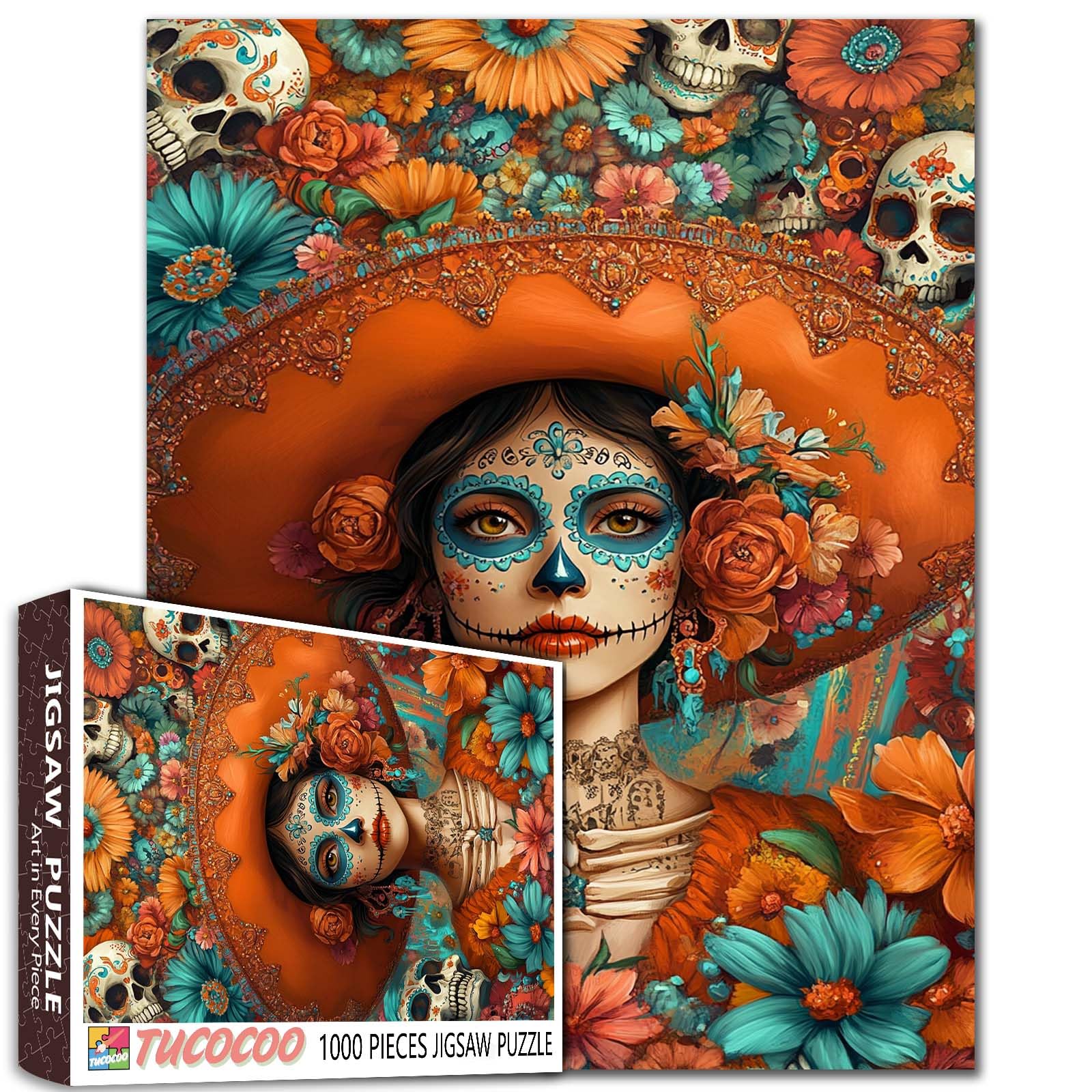 Photo 1 of Beautiful Woman Sugar Skull Makeup 1000 Pieces Jigsaw Puzzle for Adults Students Colorful Flowers Skulls Background 20×27 Inches Day of The Dead Inspired Fun Relaxing Home Decor Gift