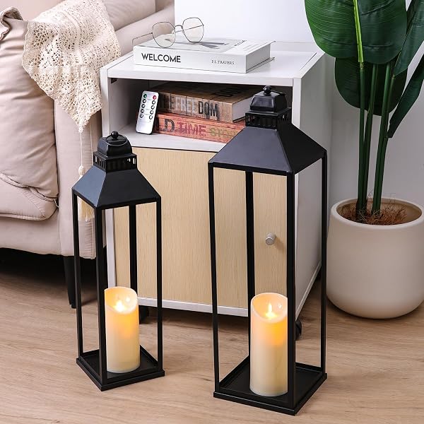 MATAHUM 23″ 19″ LARGE LANTERNS DECORATIVE OUTDOOR INDOOR, SET OF 2 MODERN FARMHOUSE BLACK FLOOR LANTERN WITH CANDLES, HALLOWEEN, CHRISTMAS LANTERNS FOR FIREPLACE, MANTLE, PORCH, PATIO, HOME DECOR