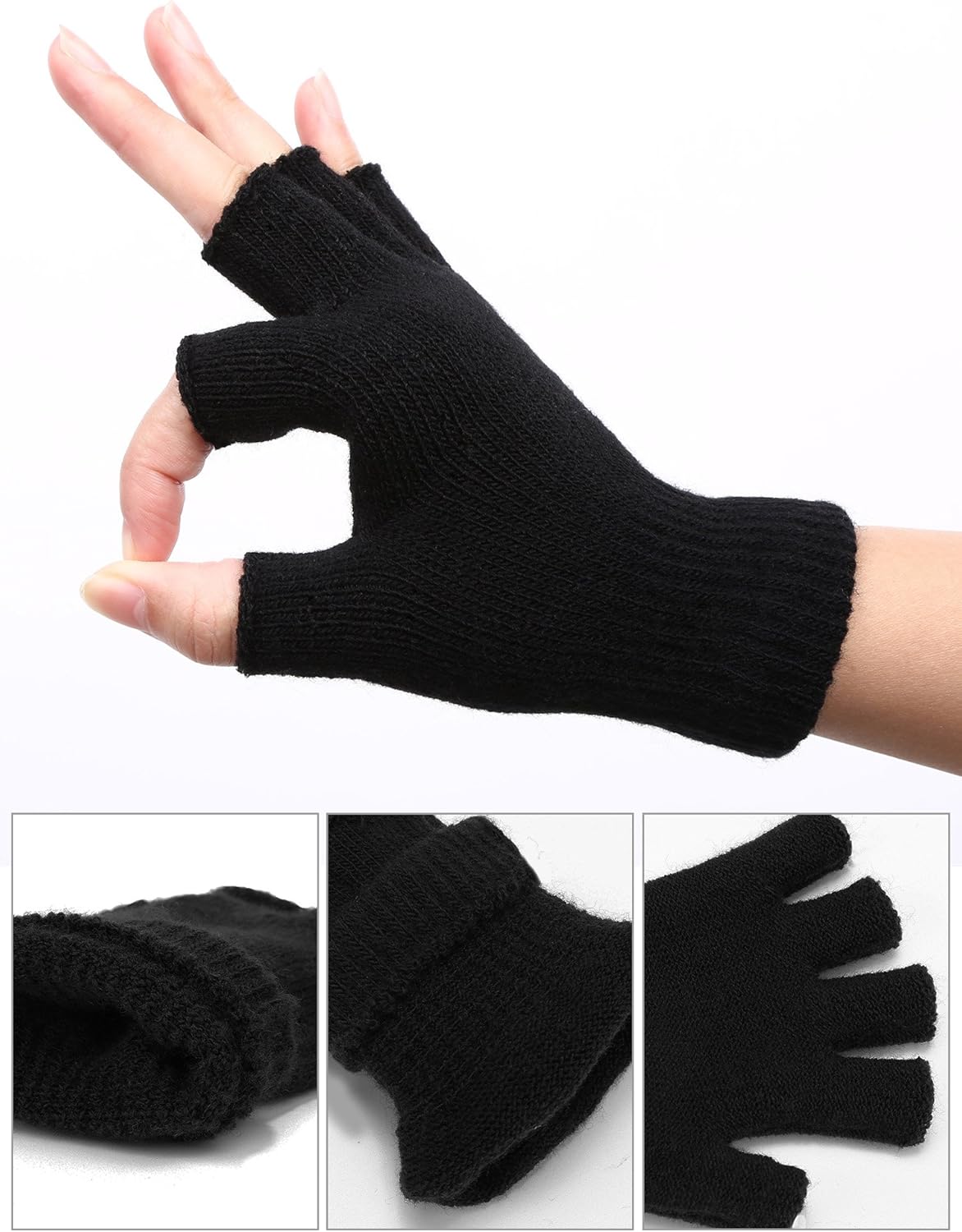 Satinior 2 Pair Black Half Finger Gloves Unisex Winter Stretchy Knit Fingerless Gloves, Common Size at  Men’s Clothing store