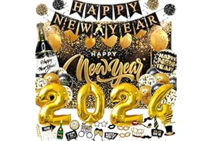ALAIYAKY 54PCS New Years Eve Party Decorations Supplies 2024, Happy New Year Party Favors with 2024 Foil Balloons, Banner, Backdrop, Photo Props, Paper Pompoms for 2024 NYE Black Gold Decor