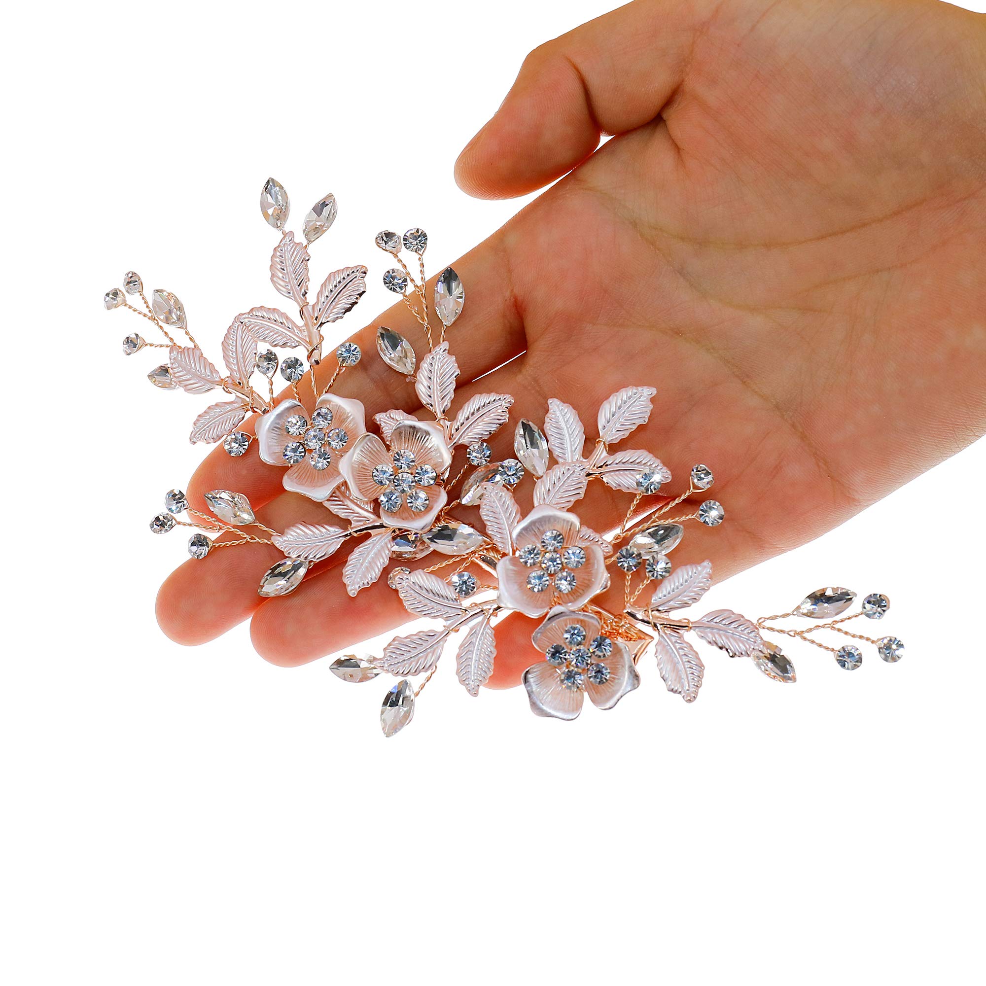 Flower Hair Clip Barrate Birthday Wedding Prom Girl Women Hair Piece Accessory, Leaf Paves, Rose Gold (Rose Gold #1)