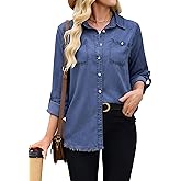 Denim Button Down Shirt Women Casual Long Sleeve Jean Collared Chambray Shirt Blouse Tops with Pockets