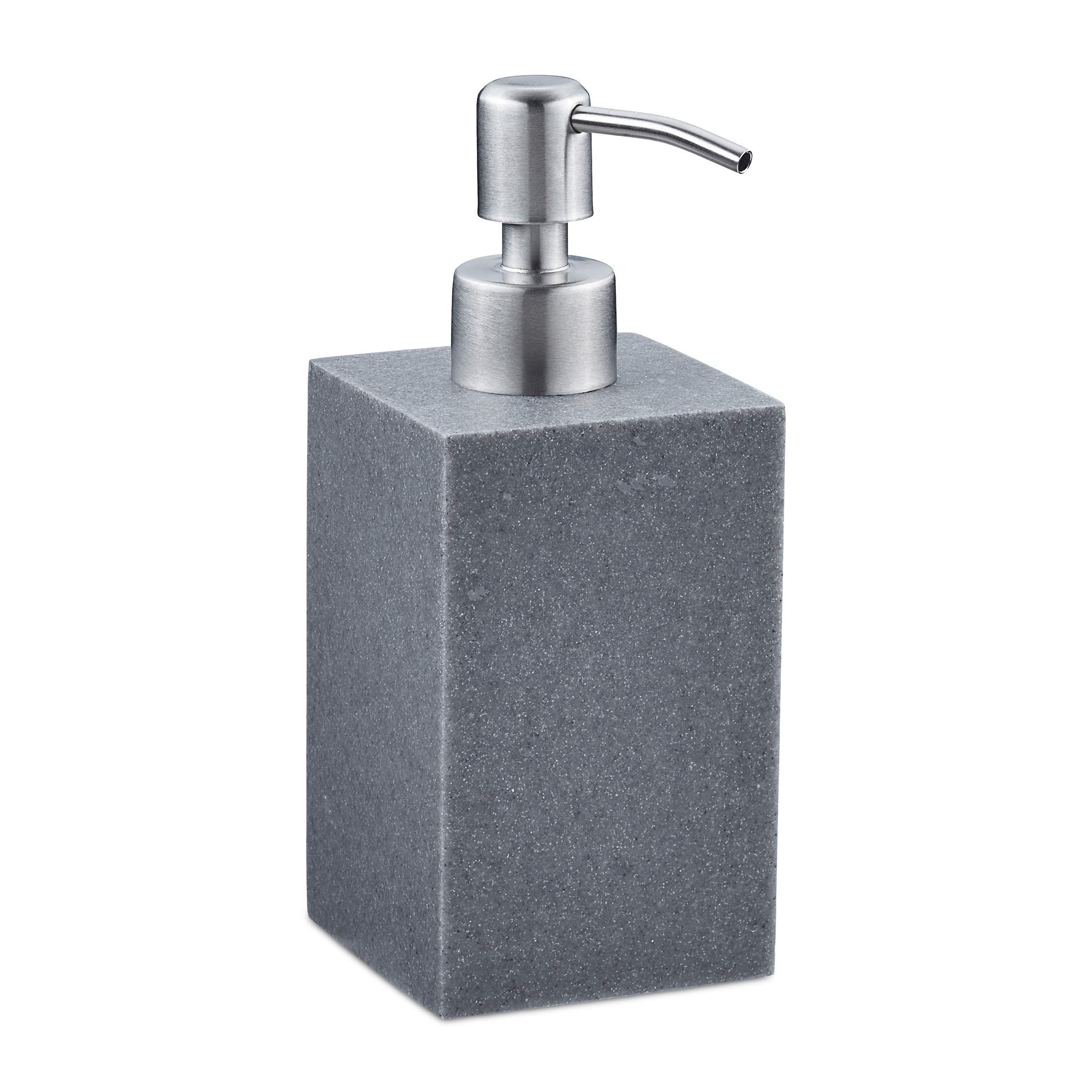 Relaxdays Soap Dispenser, Rectangular, 300 ml, Refillable, Bathroom, for Liquids, Polyresin, Stainless Steel Pump, Grey