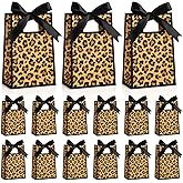 AmazingSpark 50 Pcs Leopard Print Mini Gift Bags Bulk 6.3 x 3.9 x 2.8 Inch Cheetah Small Gift Bags with Handles and Ribbon Bows for Wedding Birthday Bridal Baby Shower Party Favors(Brown Black)