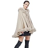 SUFCOMOU Poncho Hooded Shawl Wrap Women Cape Winter Faux Fur Trim Coat Sleeveless Cardigan Dressy Cloak for Party