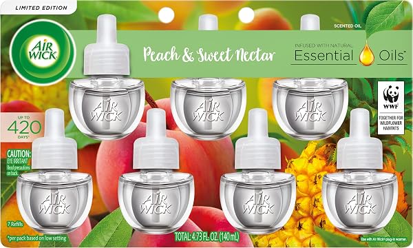 AIR WICK PLUG IN SCENTED OIL REFILL, 7 CT, PEACH & SWEET NECTAR, AIR FRESHENER, ESSENTIAL OILS