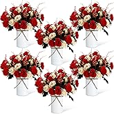 Domensi 6 Sets Valentine's Day Centerpiece for Table Artificial Rose with Vase Fake Bouquets and Metal Pot Floral Arrangements for Wedding Holiday Party Event Table Decor (Red)