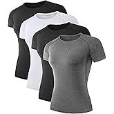 TELALEO 4 Pack Women's Compression Shirt Running Athletic T-Shirts Workout Tops Baselayer Short Sleeve Yoga Gym Sports Gear