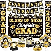 Graduation Decorations Class of 2026 Black and Gold Party Decor Set include Congrats Grad Banner Graduation Backdrop Class of 2026 Balloons Party Supplies