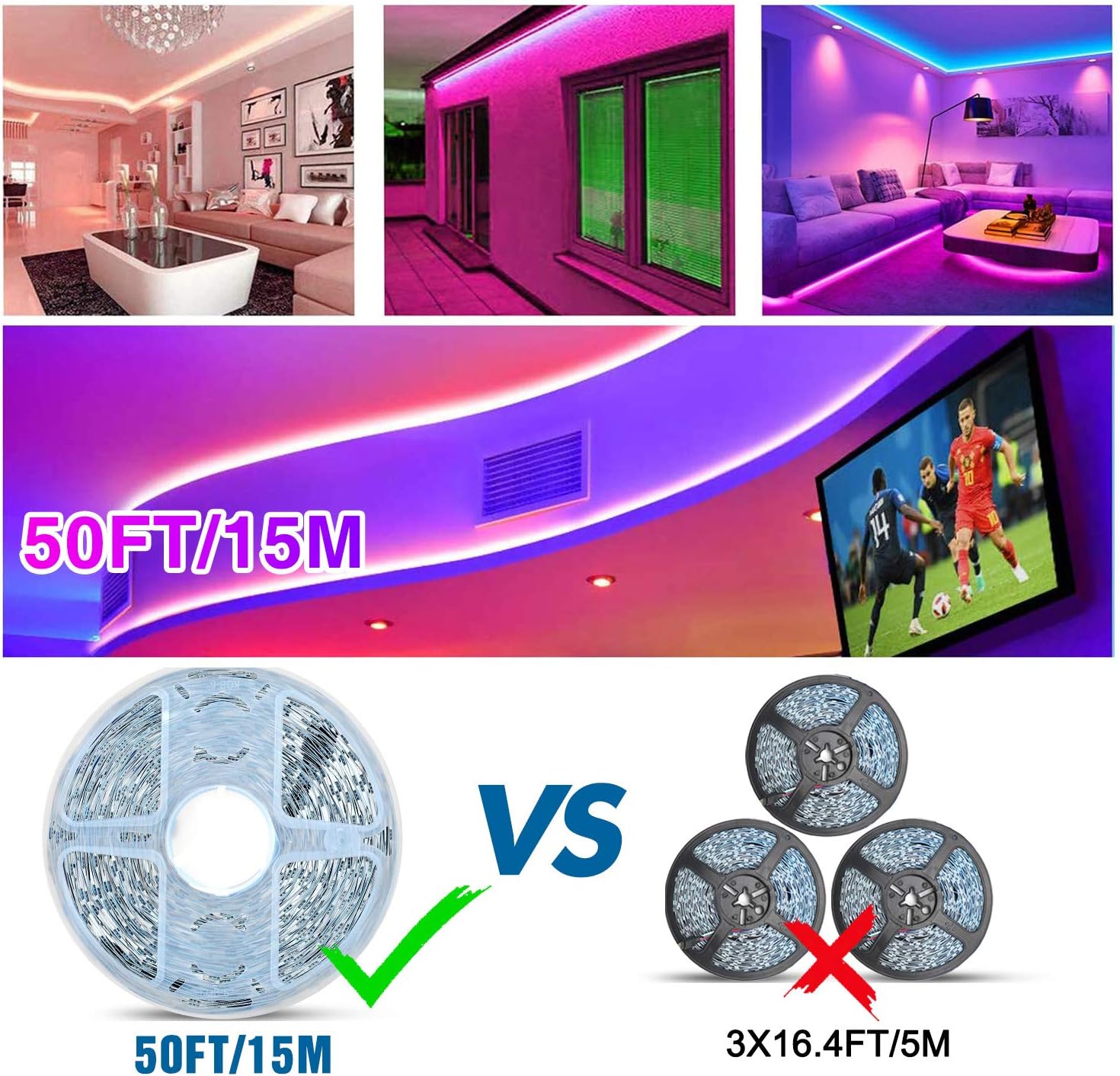 50ft/15M LED Strip Lights Kit,5050 RGB 450D Flexible NonWaterproof