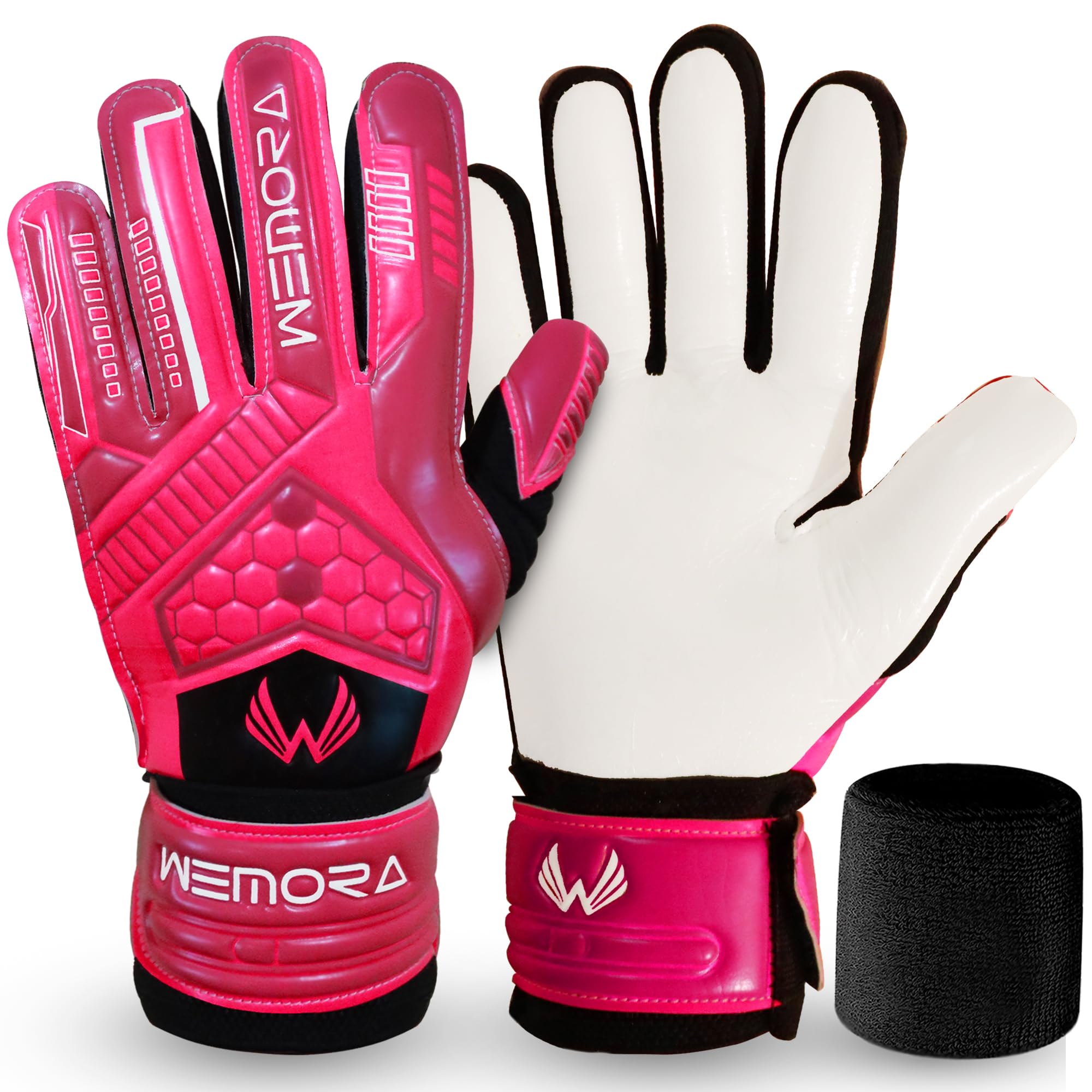 Photo 1 of WEMORA Soccer Goalie Gloves Fingersave for Kids Youth Adults with 7.5MM Strong Grip Palm Flexible Finger Spines Goalkeeper Gloves (Pink, Size 5 Suitable for 9 to 12 Years Old, Ambidextrous)