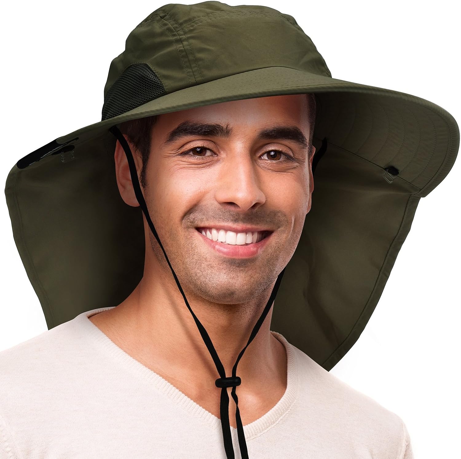 Sun Hat for Men with UV Protection Wide Brim Safari Hike Cap w/Neck Flap Cover : Clothing