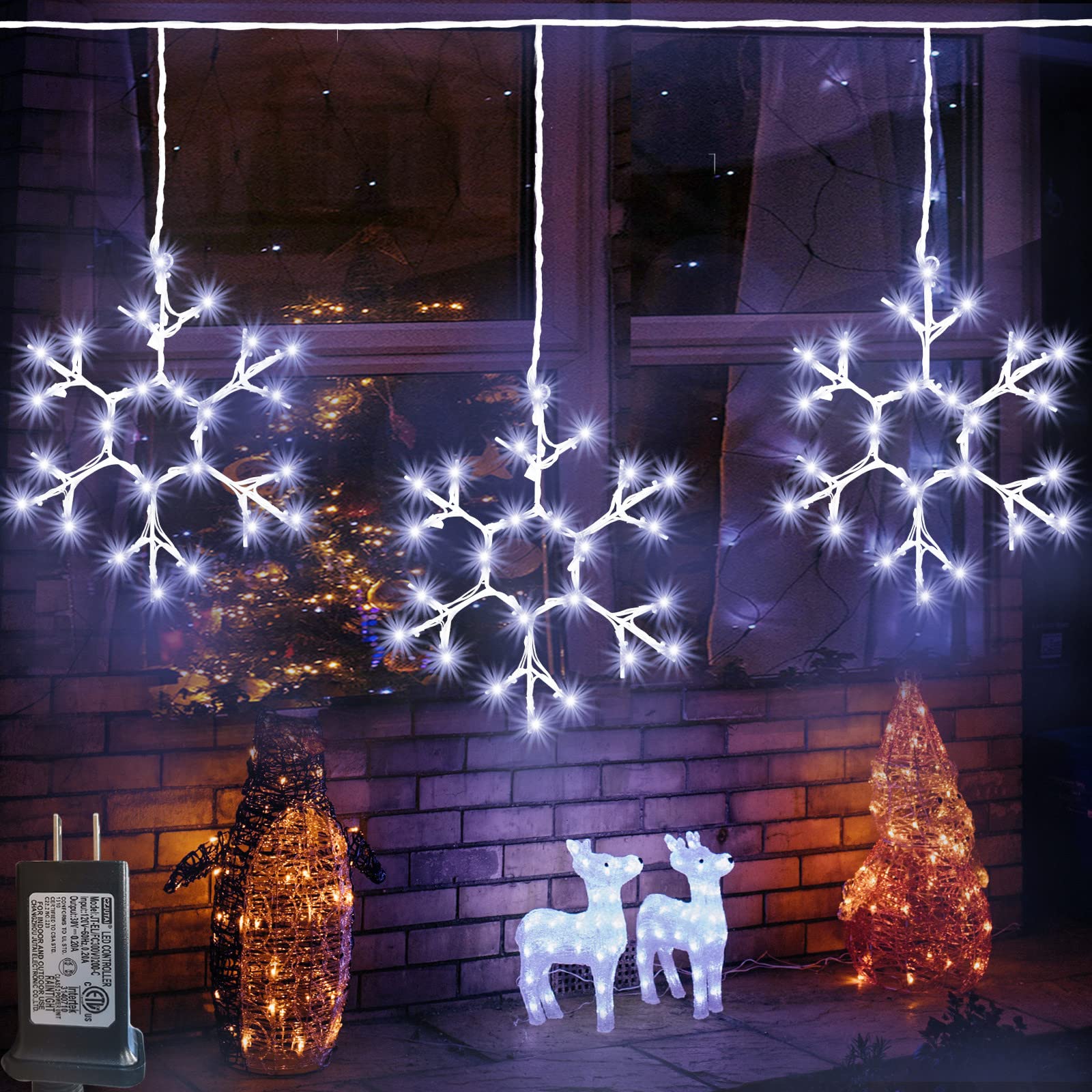 Photo 1 of Christmas Snowflake Icicle Lights Outdoor Decoration, LED String Lights 8 Modes, Hanging Twinkle Fairy Lights for Roof Window Home Party Garden Yard Christmas Decoration, White