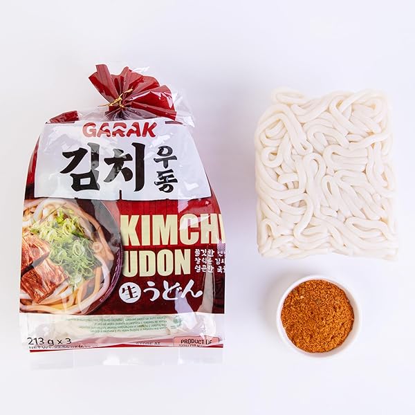 GARAK KIMCHI SOUP UDON NOODLES (3 PACKS) – THICK JAPANESE-STYLE KOREAN NOODLES WITH SEASONING, READY IN 2 MINUTES, PERFECT FOR QUICK MEALS (645G / 22.75OZ)