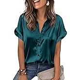 Zeagoo Womens Satin Blouse Short Sleeve Silk Tops Button Down Shirts Business Casual Outfits