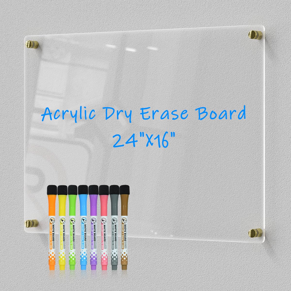 Clear Acrylic Dry-Erase Board 24x16 | Transparent Wall-Mount Writing Panel | Includes 8 Color Markers, Eraser, Standoff Screws & Install Kit | Ideal for Home & Office