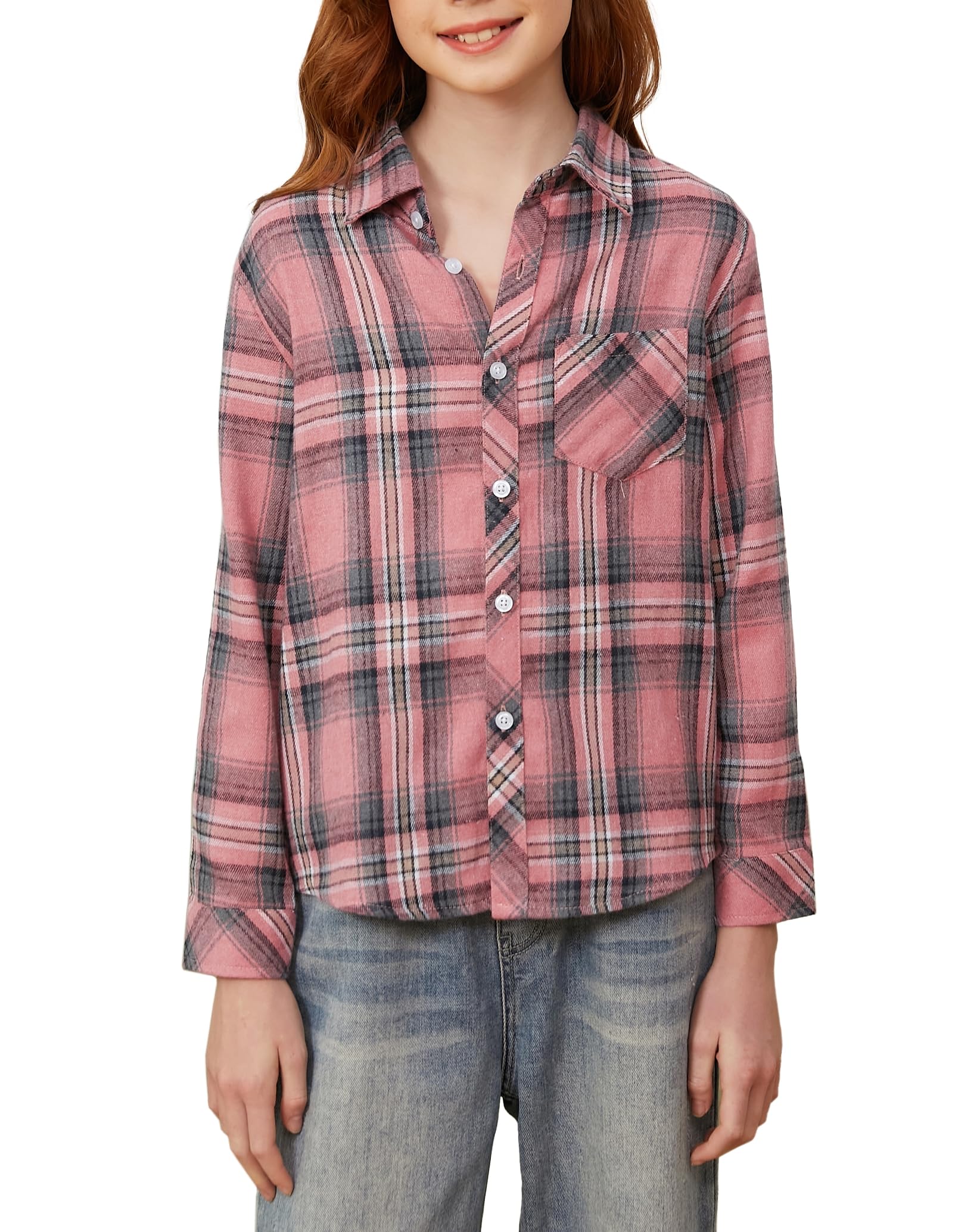 Photo 1 of * shirt needs buttons*Betusline Girls' Plaid Flannel Shirt, Kids Long Sleeve Button Button Shirts Tops, F Pink #2, 7-8 Years= Tag 140