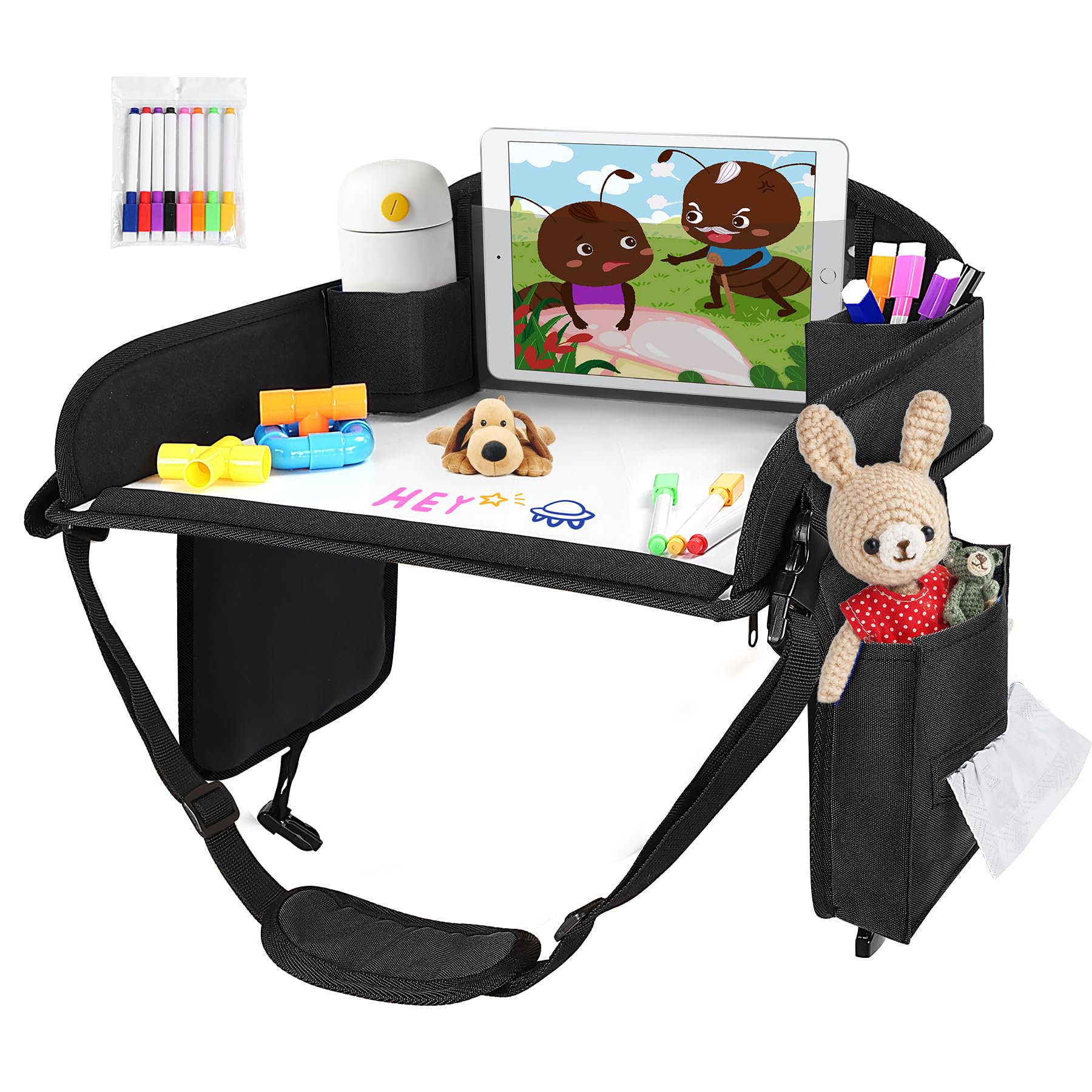 Photo 1 of Kids Travel Tray, Kids Travel Trays for Car Seat, Road Trip Essentials for Toddler, Carseat Lap Tray with Dry Erase Board & Storage Organizer for Road Trip Activities for Kid, Black