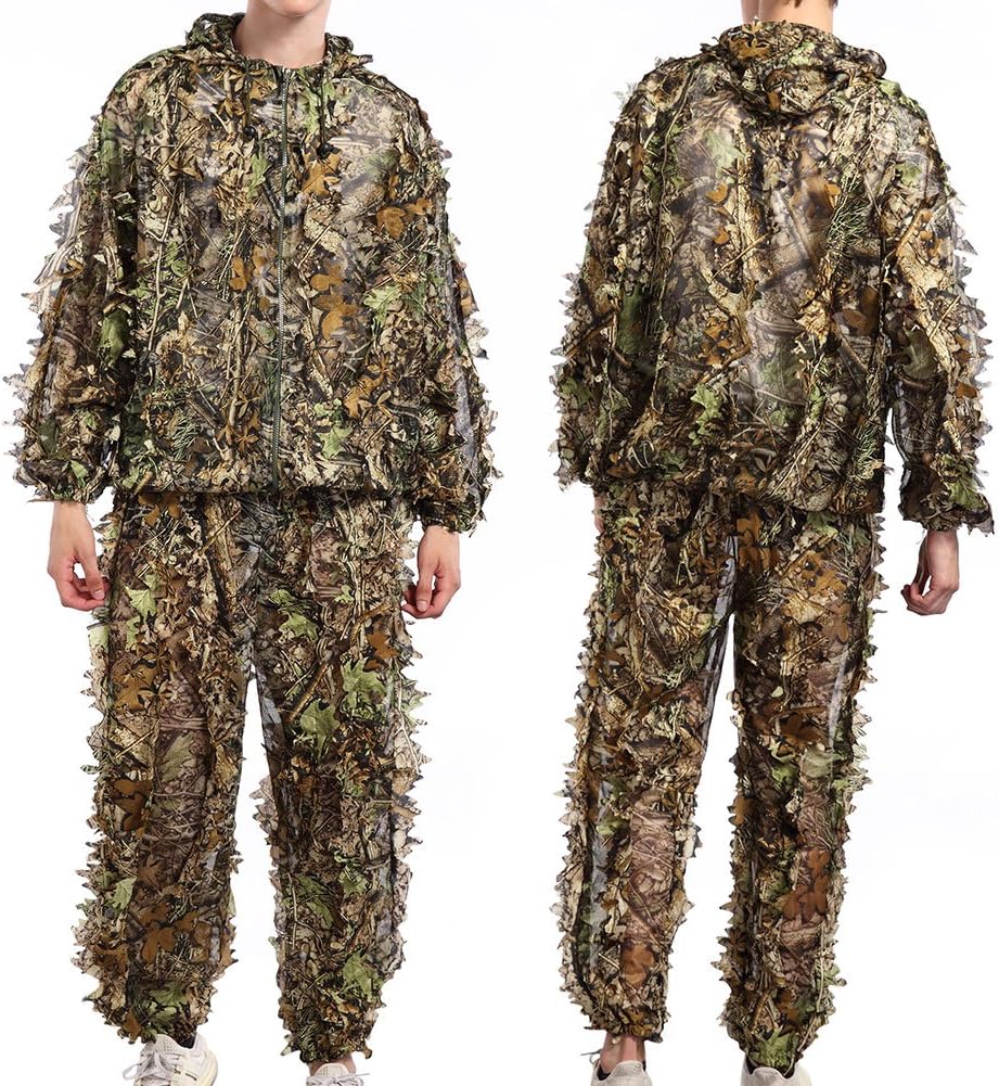 TNWEtory Free Size 3D Woodland Leafy Camo Suit, Hooded Ghillie Suit for Outdoor Hunting Army Tactical Camouflage, Wildlife Photography