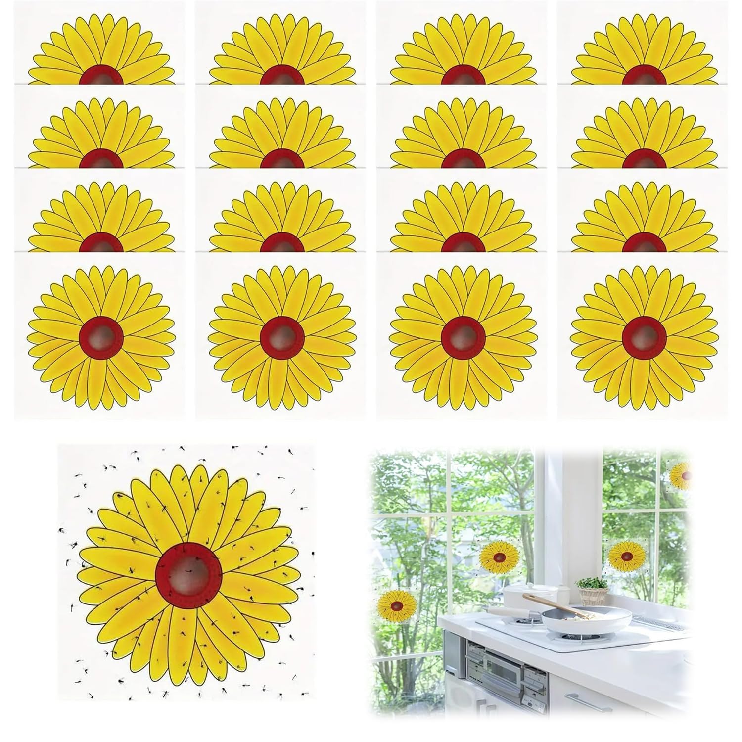 Norhogo 16 Pcs Sunflower Style Window Fly Stickers, Window Fly Traps Indoor, Sticky Sunflower Insect Bug Flies Killer Catchers, Fly Stickers Traps, Fruit Fly Trap Insect Flies Wasp Pest Killer