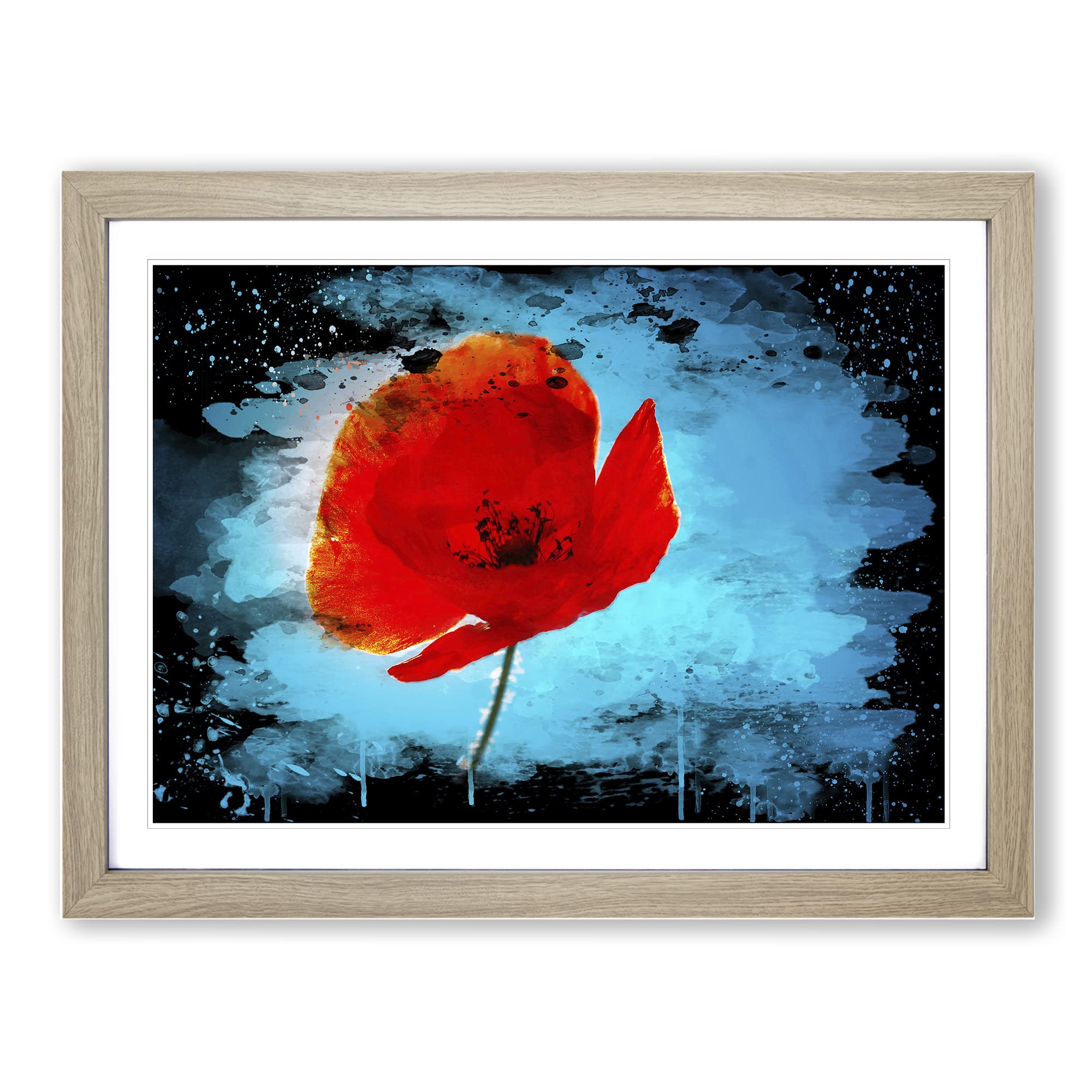 Red PModern OPpy Flower No.1 Modern CB Framed Print | A3 Oak Framed Wall Art | Ready to Hang | Modern Floral Picture | Living Room Bedroom Lounge Office