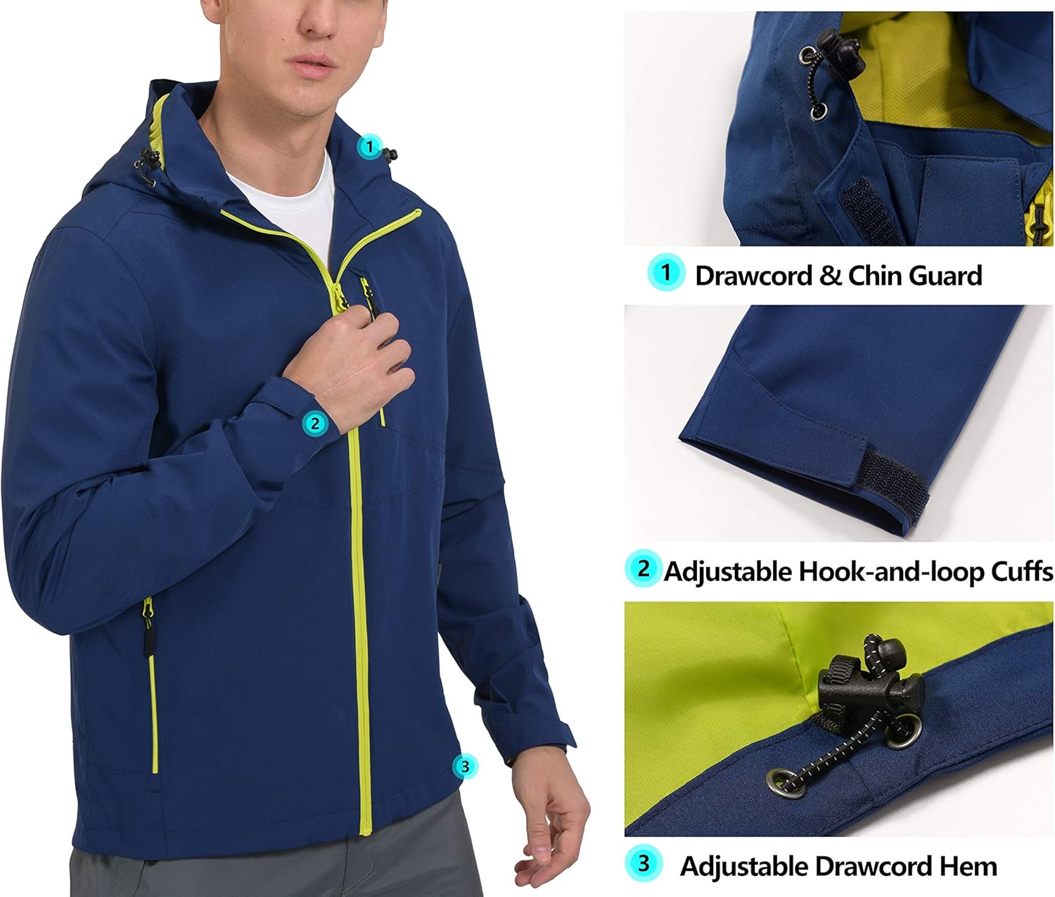 Little Donkey Andy Men's Waterproof Rain Jacket Breathable Stretch Windbreaker Outdoor Rain Coat & Detachable Hood: Clothing