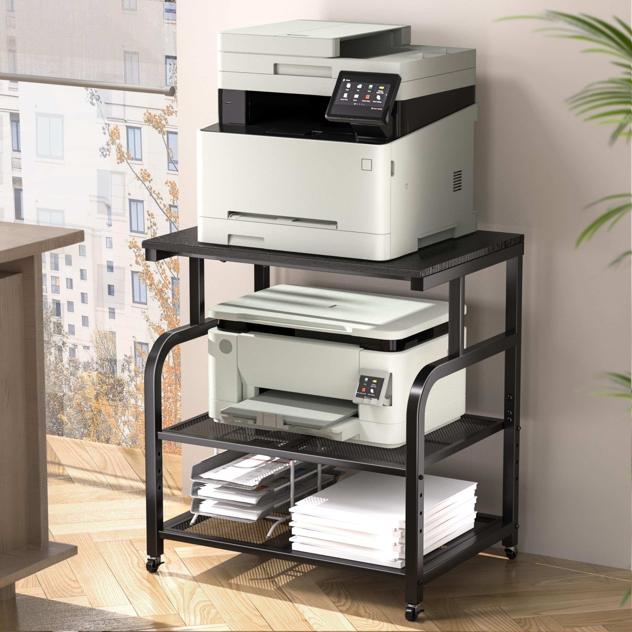 niffgaff Mobile Printer Stand with Large Desktop - 3 Tier Shelf, 24.4 Inch Height, Wooden Organizer for Home&Office, Black