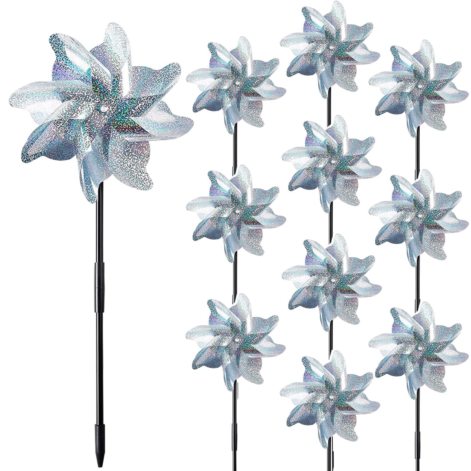 Photo 1 of 10 Pieces 21 Inches Silver Reflective Pinwheels with Stakes, Windmill Wind Spinners for Outdoor Garden Lawn Yard Decor, Christmas Decoration, Large Foil Pin Wheels for Bird and Animal Deterrent