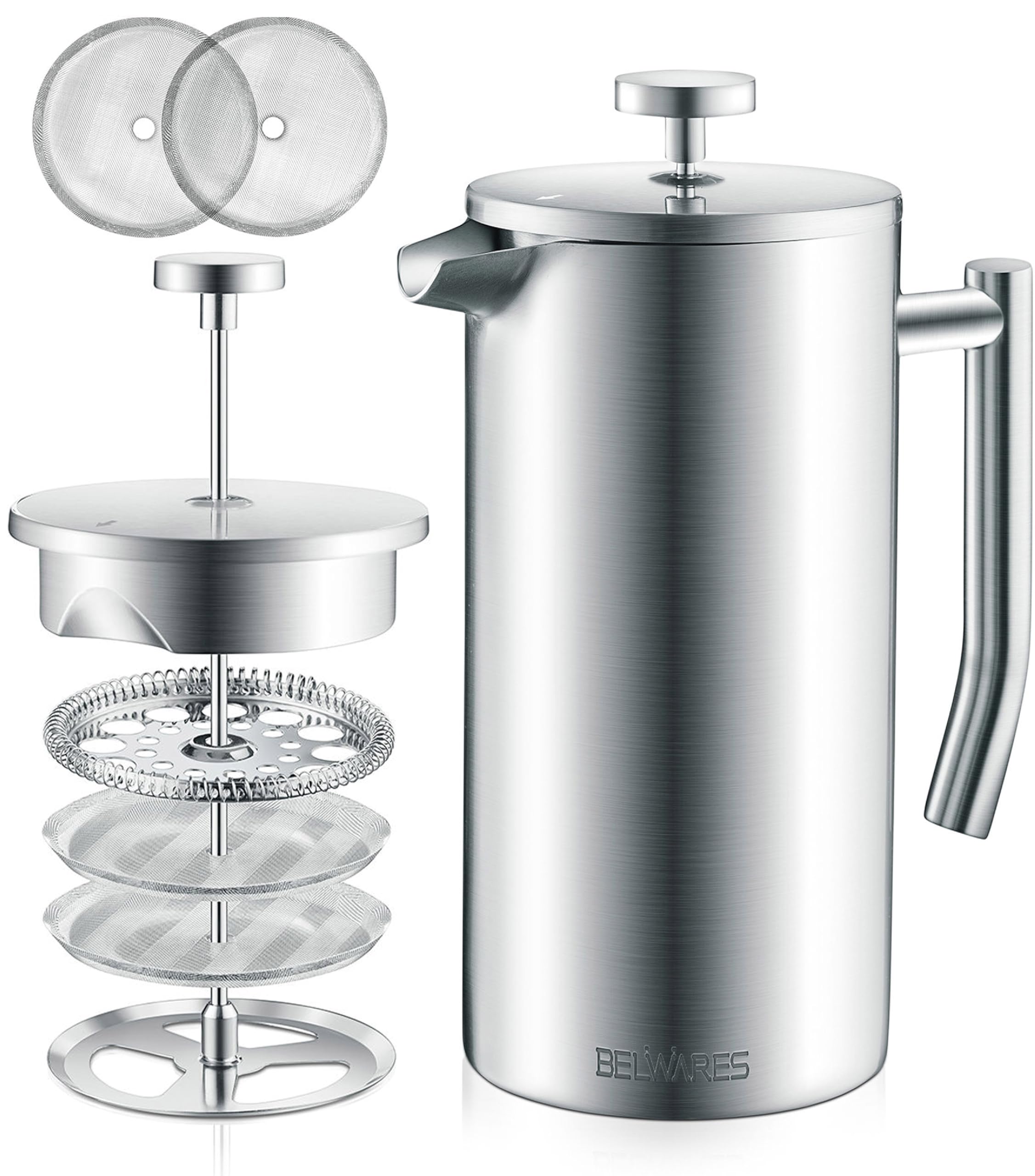 Belwares French Press Coffee Maker 34oz - 304 Stainless Steel Insulated Coffee Press, Double-Wall Heat Resistant Design with 4-Level Filtration System, Rust-Free & Dishwasher Safe (1.5 Liter), Silver