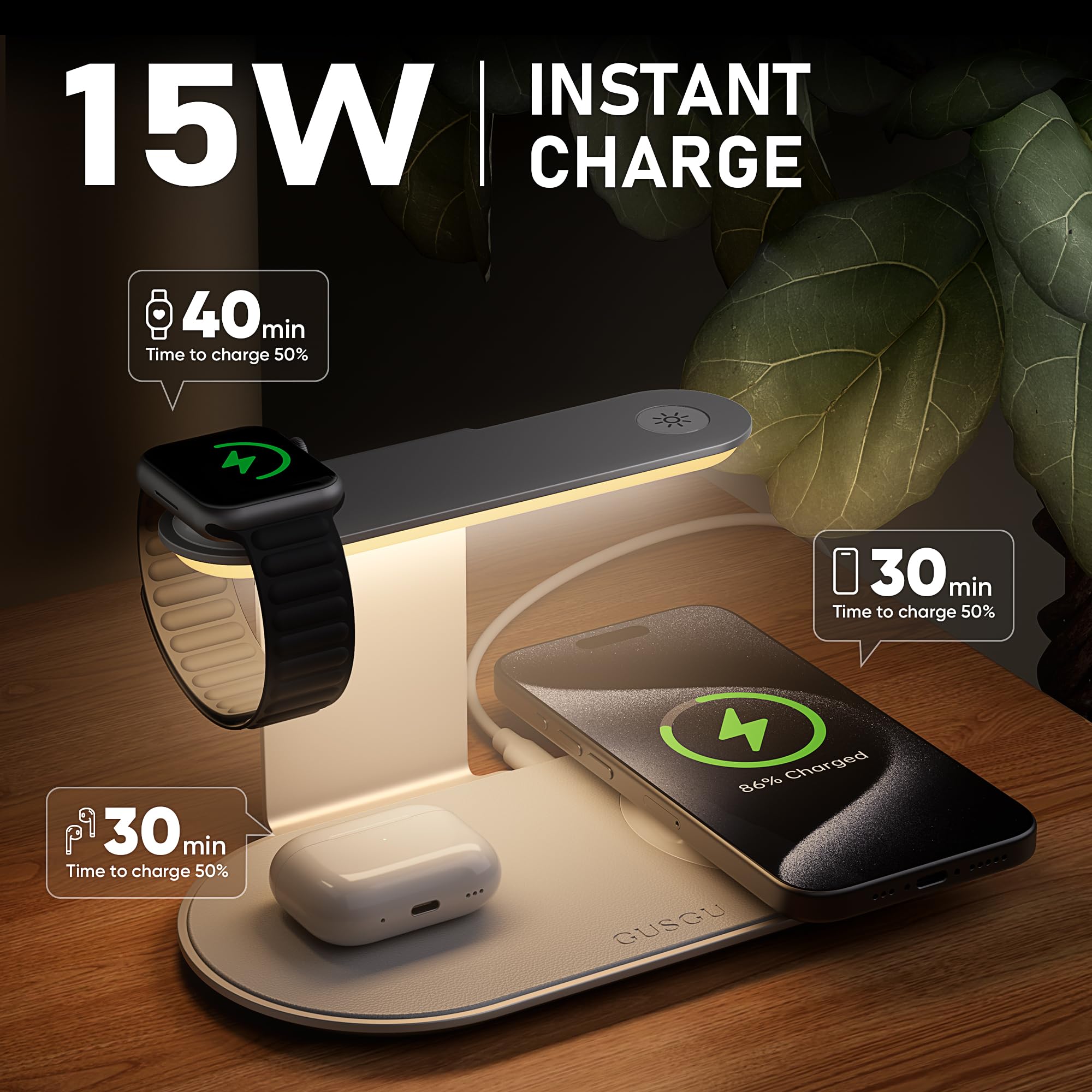 GUSGU 3 in 1 Charging Station for MagSafe Wireless Charger with Three-Level Night Light, 15W Max Fast Charging for iPhone 16/15/14/13/12, iWatch S1-8/Ultra, AirPods(USB-C Charger Included)-Gray