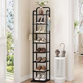 Hzuaneri 8 Tiers Vertical Shoe Rack, Tall Shoe Shelf with 2 Hooks | Narrow Shoe Tower, Adjustable Shelves, Corner Shoes Shelves for Small Spaces, Entryway, Living Room, Black SR04304B