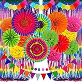 ZERODECO Fiesta Paper Fan Party Decorations Set, Multicolor Cinco De Mayo Pom Poms Pennant Garland String Banner Fringe Curtains Mexican Coco Carnivals Festivals Party Supplies