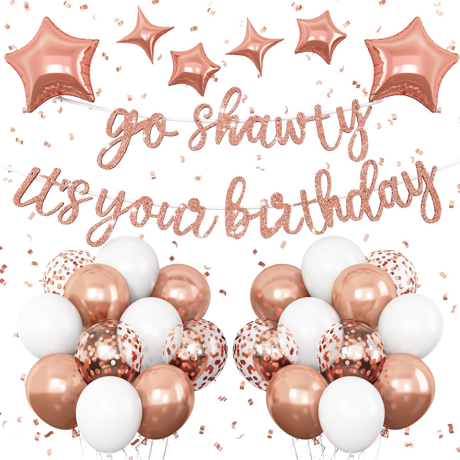 Vibzox Go Shawty It's Your Birthday Banner Balloons Set, Glitter Happy Birthday Banner with Confetti Balloon Star Foil Balloon for Girls Women Hip Hop Rap Theme Birthday Party Decorations Rose Gold