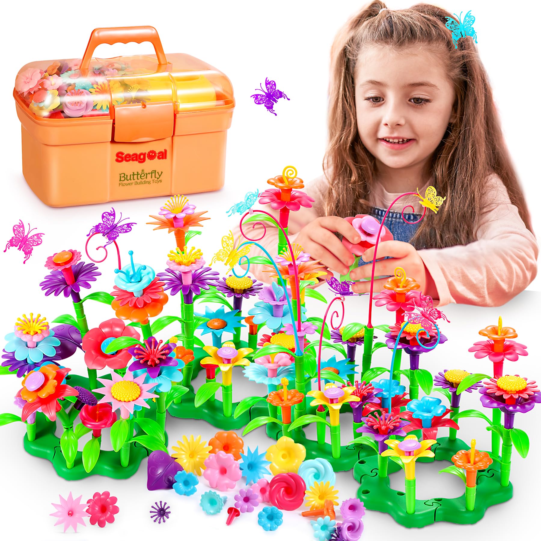 Seagoal Flower Garden Building Toys for 3 Year Olds Girl, Garden Toys Easter Gifts, Educational Construction Toys Easter Crafts for 3 4 5 Year Olds, Construction Flowers Set with Storage Case(140PCS)