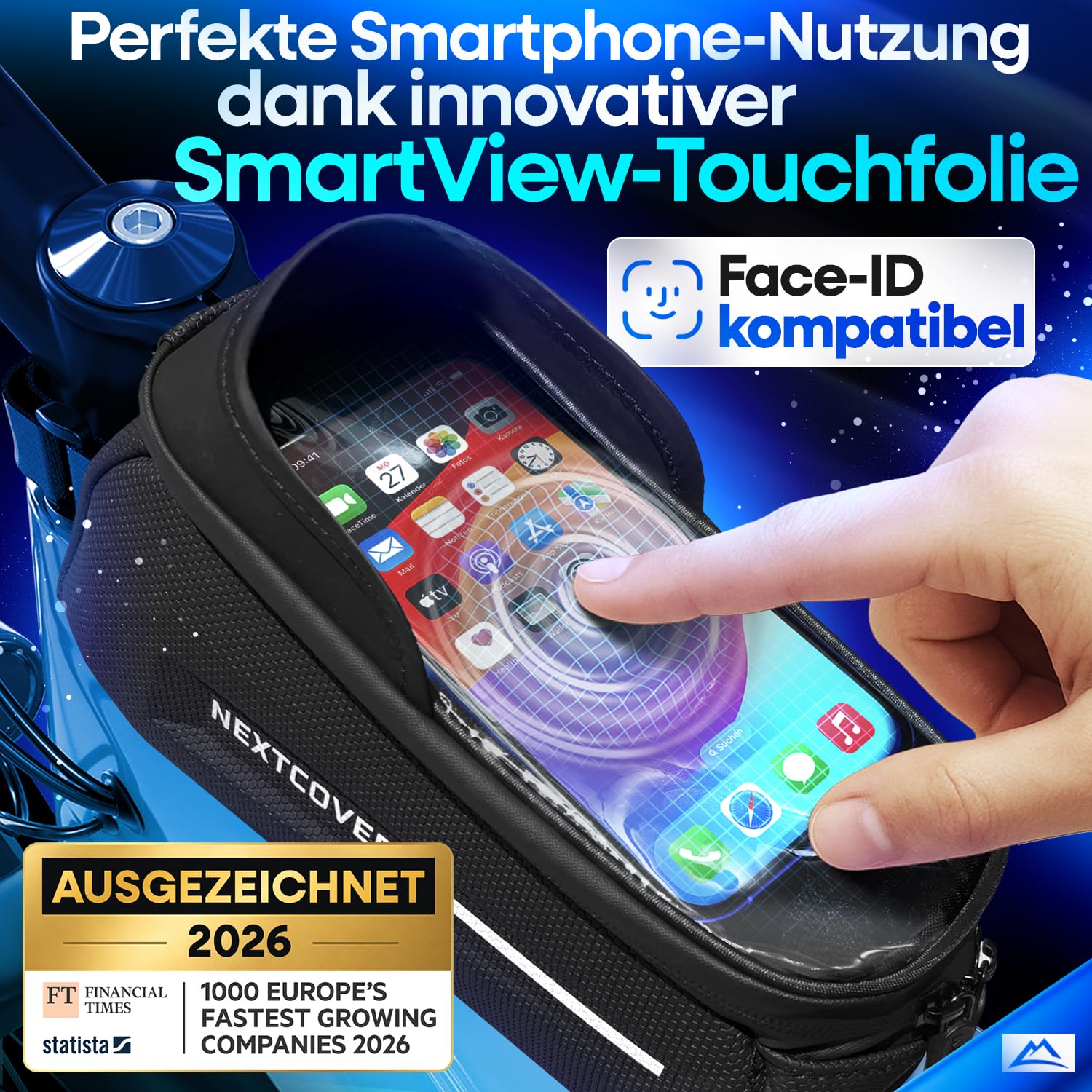 Nextcover® Rahmentasche Fahrrad mit Handytasche I Fahrrad Rahmentasche mit Touchscreen I Fahrradtasche Rahmen Wasserdicht, Oberrohrtasche Bikepacking - Ideal für E-Bike, MTB, Gravelbike, Rennrad 2