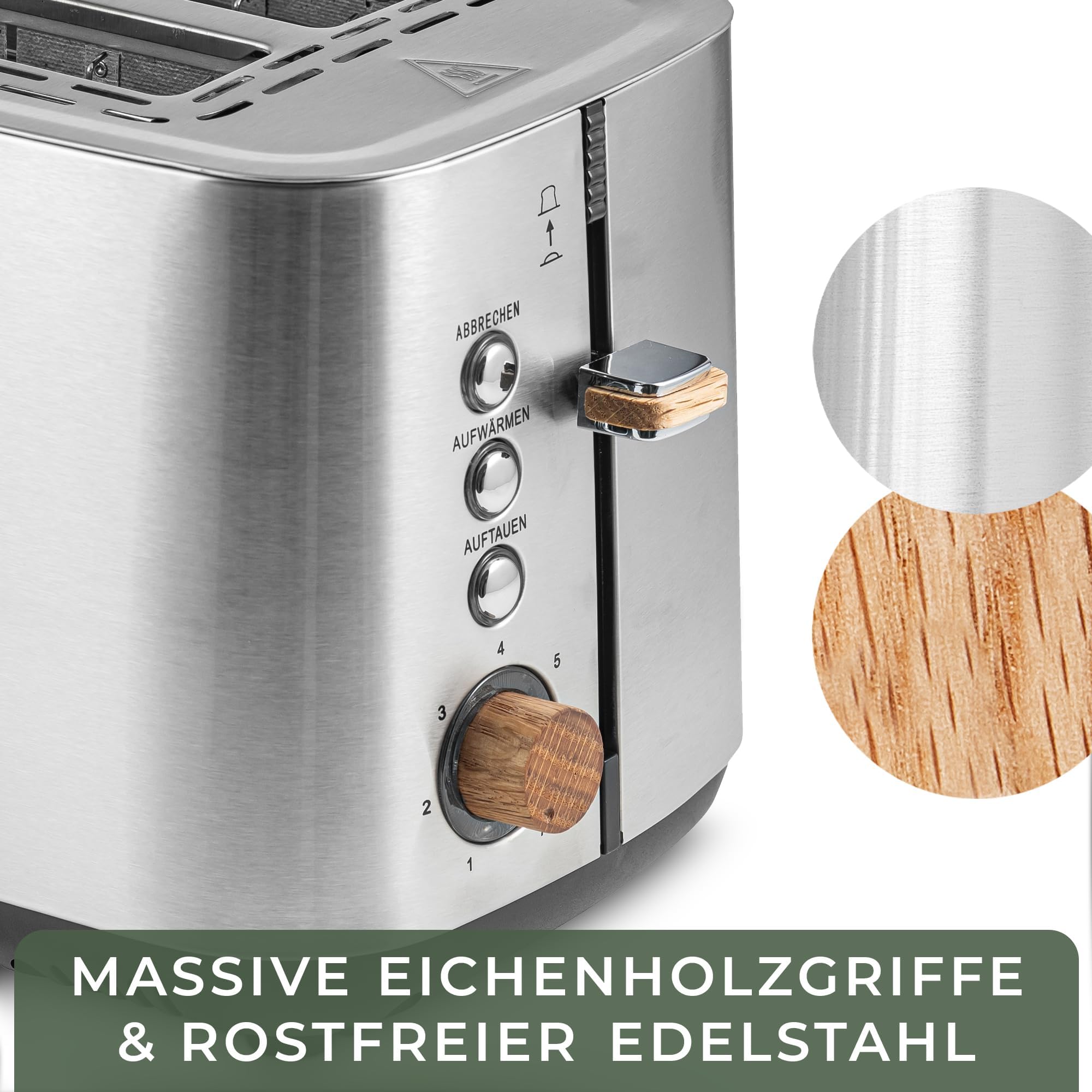WALDWERK Design Toaster - aus 304 Edelstahl und Eichenholz - für 2 Scheiben - mit Brötchenaufsatz - mit extra breiten und tiefen Toastkammern - mit Krümelschublade 5