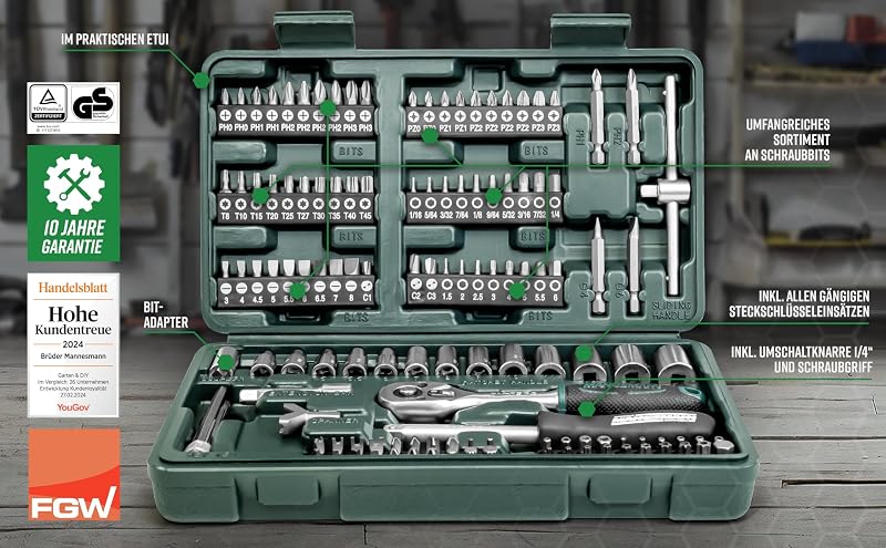 Estojo mannesmann m29166 com 130 peças com conjunto de soquetes e pontas de chave de fenda